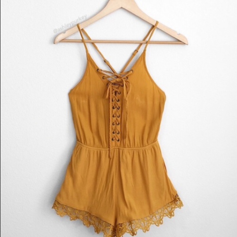 Forever21 Mustard Yellow Lace-up Romper